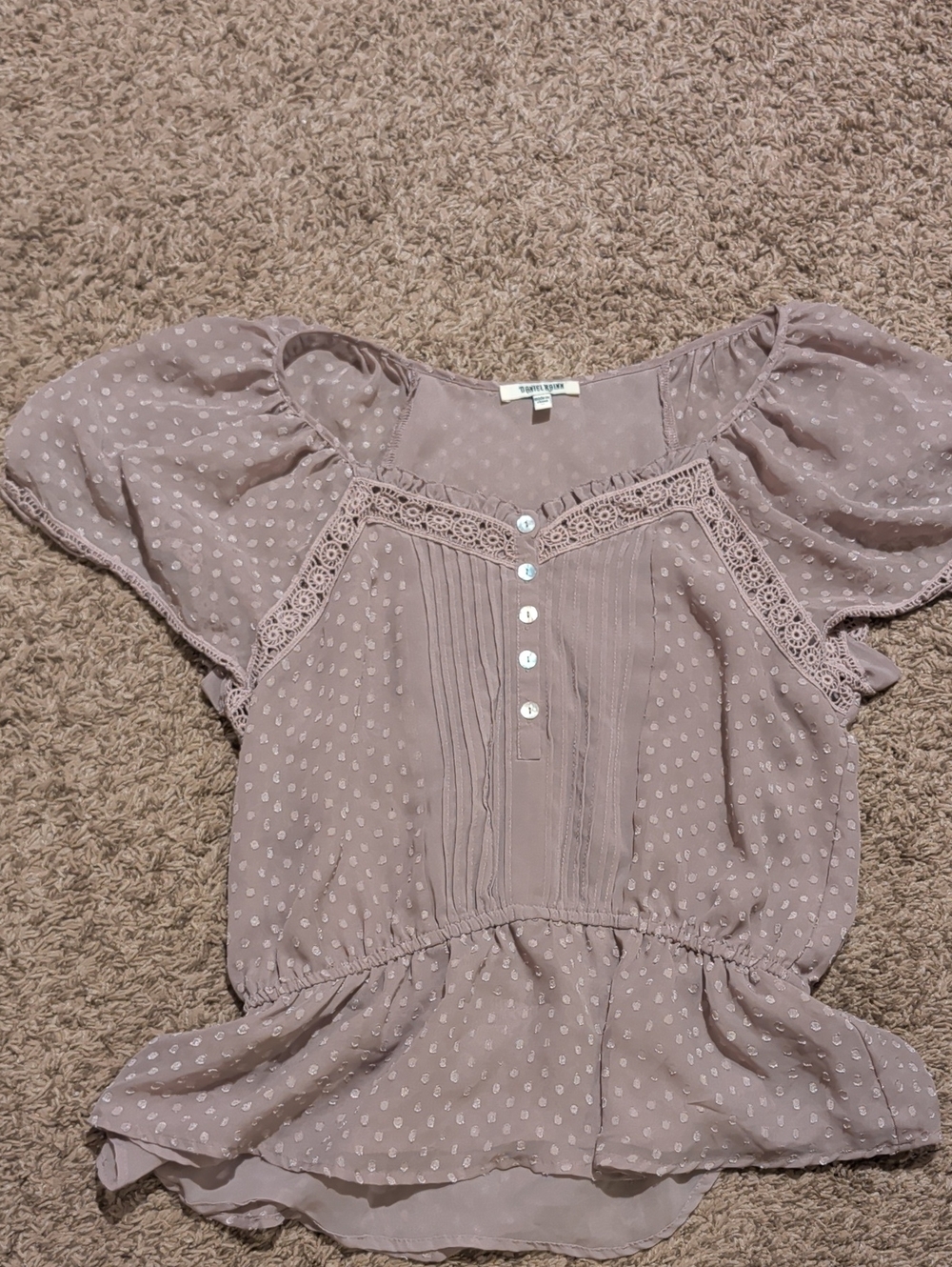 Daniel Rainn Dusty Beige Swiss Dot Peplum Blouse with Lace Trim